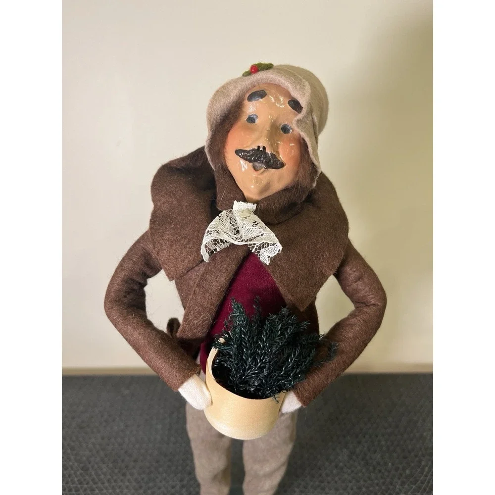 Vtg Byers Choice Caroler Man With Brown Mustache Holding Basket Of Greens,